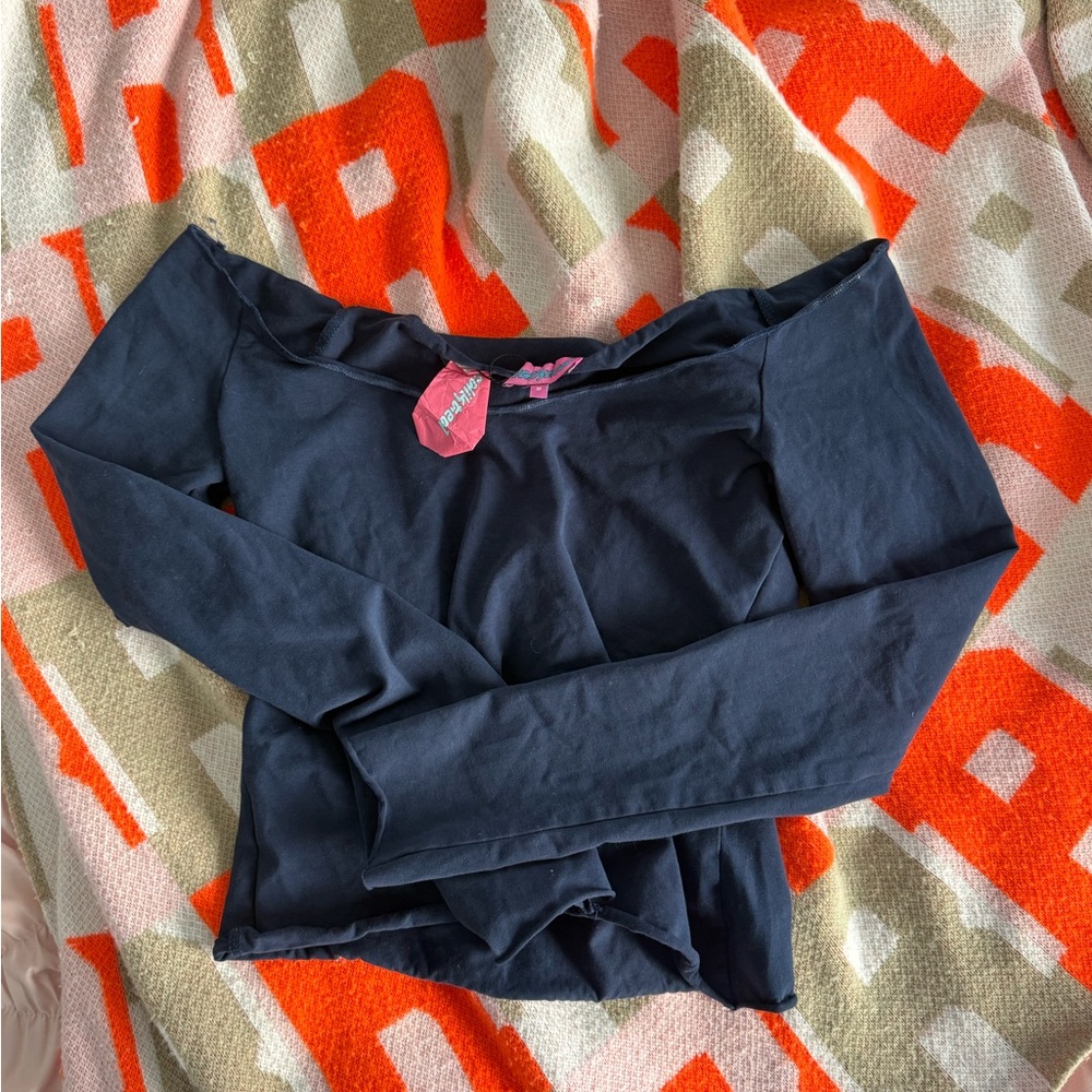 Edikted Off-Shoulder Long Sleeve Top in Navy Blue